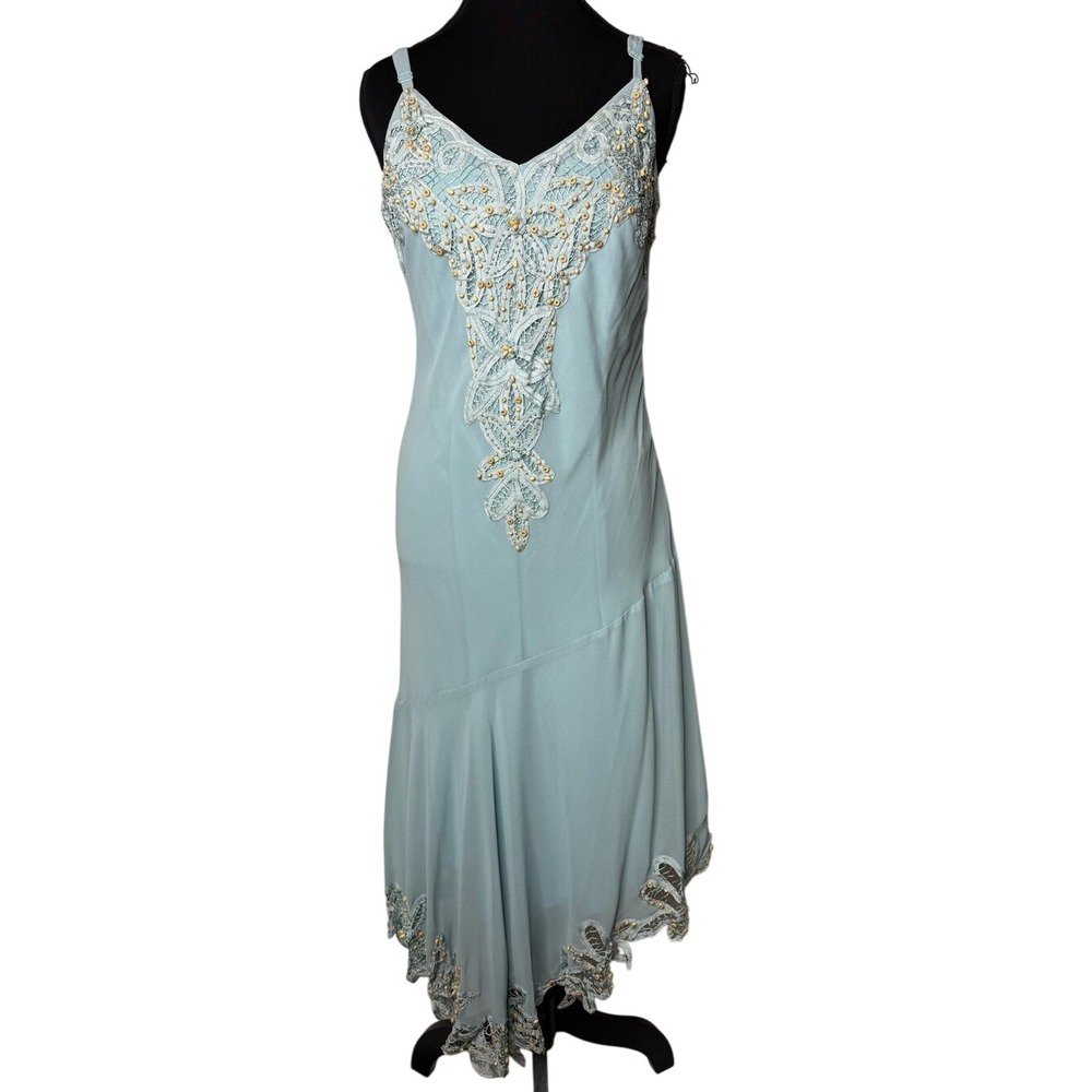 R&M Richards Women Light Blue Y2K Bead Lace Asymmetrical Slip Dres Indie Fairy